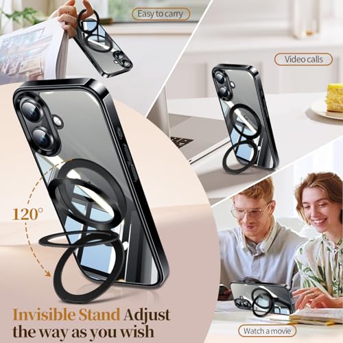 Image of ESTPEAK Titanium Black CD Mag-Stand Case for iPhone 16 Case with Invisible Magnetic Ring, [Fit for MagSafe] [Never Yellowing] Top Clear Phone Case Cover for iPhone 16 6.1 inch Men Women