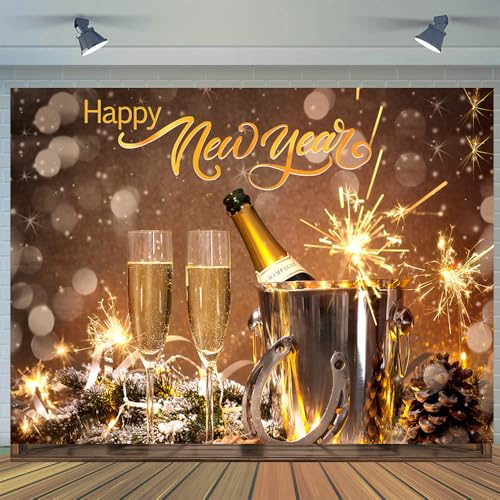 CYLYH 7x5ft Happy New Year Backdrop 2026 New Years Eve Backdrops New Year Party Banner Lucky Horseshoe Champagne Fireworks Christmas New Year Background