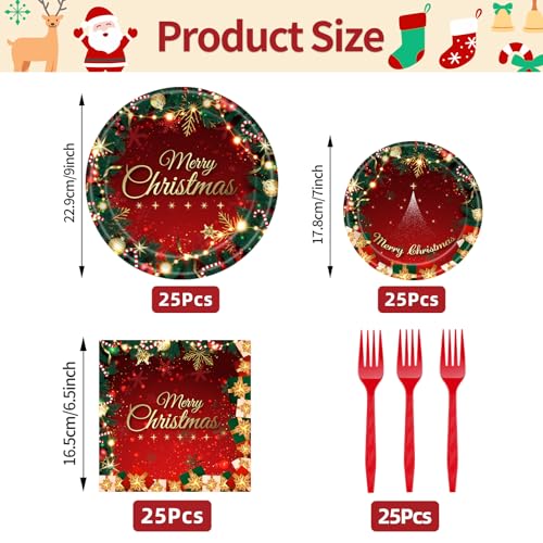 100 Pcs Merry Christmas Party Supplies - Serves 25, Red Green Holiday Disposable Tableware, Includes Paper Plates, Napkins, and Plastic Forks for Xmas Dinner, Winter Celebrations, Seasonal Decorations – Image 3