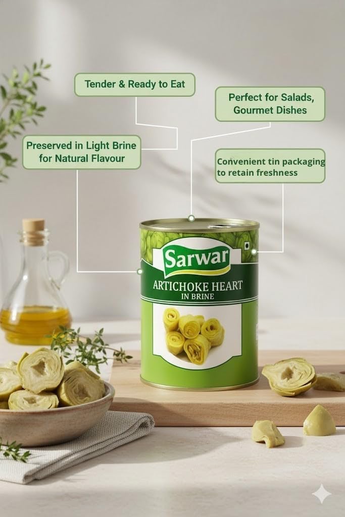 Sarwar Artichoke Hearts in Brine – 450g Can | Premium Tender Artichoke Hearts for Salads, Pasta, Pizza, Antipasti & Mediterranean Cooking | Ready to Eat