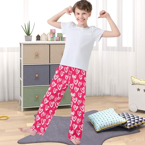 Boy's Lounge Pants Valentines Day White Heart Red Kids Jogger Pants Elastic Waist Long Bottoms with Pockets 6-14 Y4