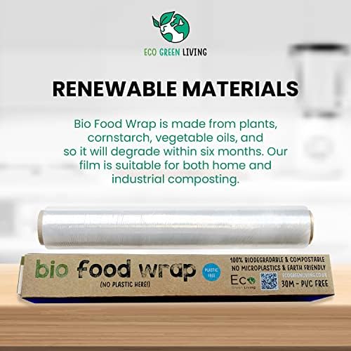 Biodegradable Plastic Wrap Without The Plastic - Corn Starch Kitchen Shrink Wrap with Recycled Packaging, Sealing Wraps from Sandwich Bags to Fridge Storage, 4 x 30m Rolls by Eco Green Living