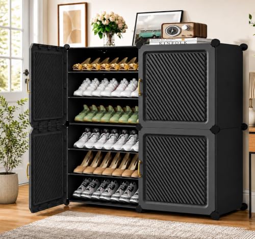Image of Mevigo 12-Tier Shoe Rack with 4-Doors|Holds 24-Pairs |Waterproof & Dustproof Modular Plastic Shoe Cabinet|Foldable Stackable Shoe Organizer with MetalFrame |Space Saving Storage