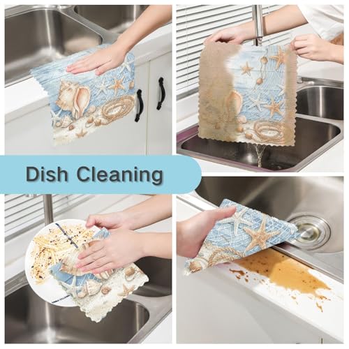 Image of Cotton Kitchen Dish Cloths, Starfish Seashell Tropical Beach Ultra Soft Absorbent Quick Drying Dish Towels, 11 x 11 Inches, 6-Pack, Reusable Cleaning Cloths