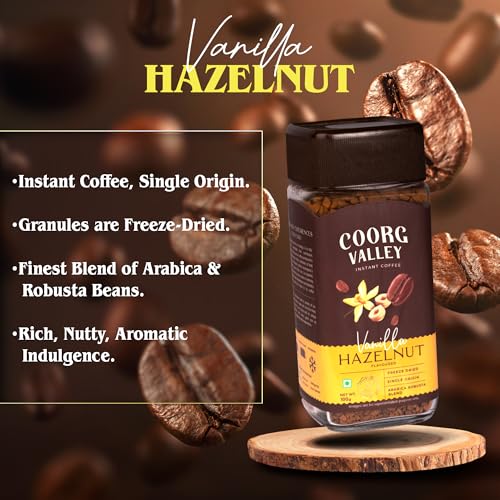 Image of Coorg Valley Vanilla Hazelnut Instant Coffee 100g | Flavoured Coffee | Premium Blend of Robusta & Arabica | Freeze Dried | Make Cafe Style Hot & Cold Coffee at Home