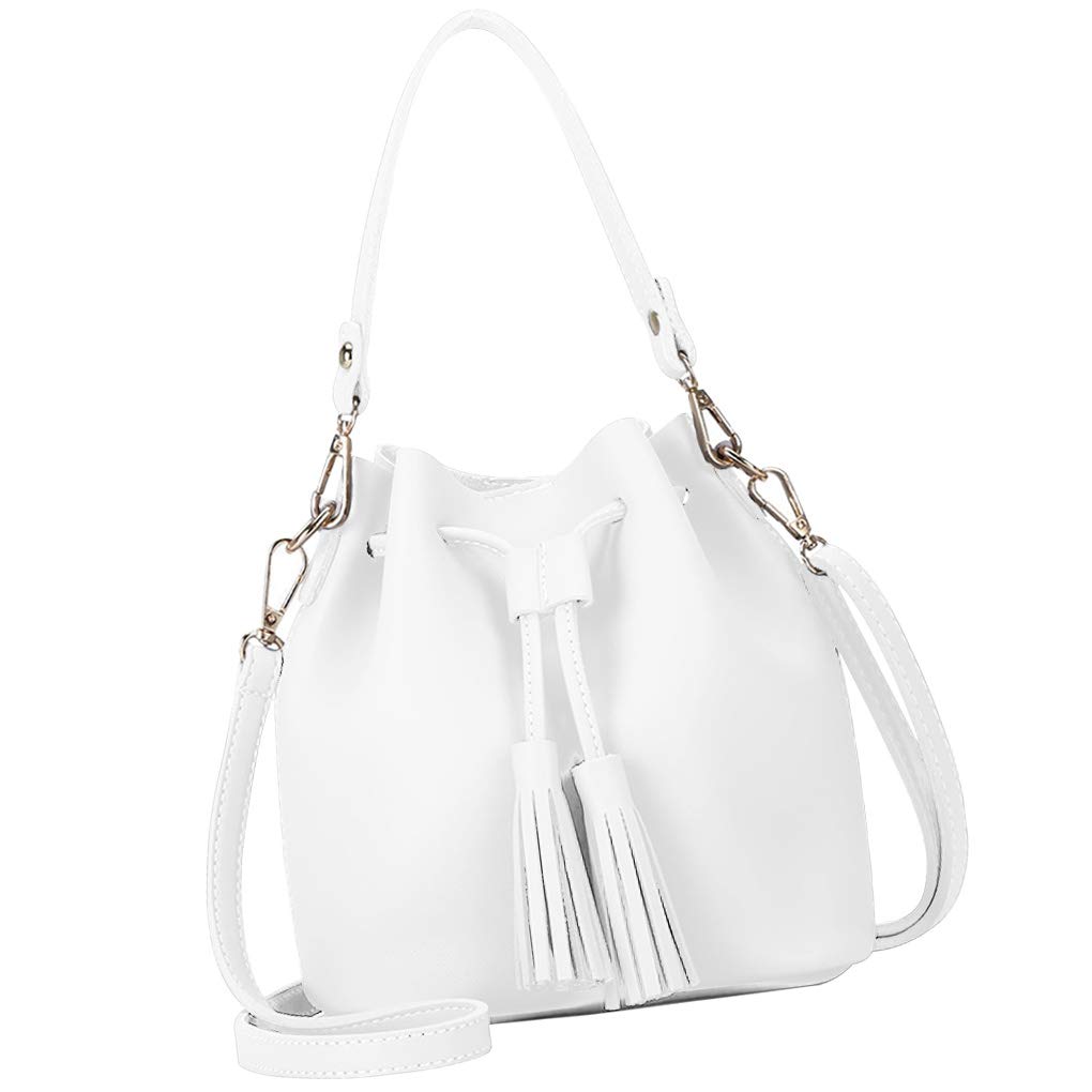 WOVEBIUS Bucket Bag Faux Leather Tassel Drawstring Crossbody Pouch Women Solid Color Shoulder Bag Handbag,White