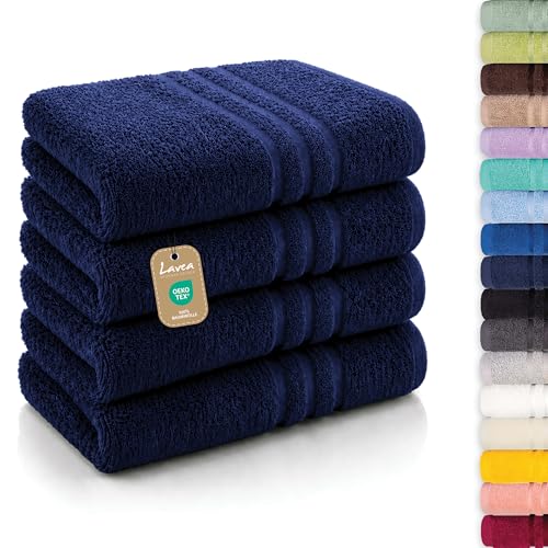 Lavea® 4er Set Handtücher 50x100 cm, Elena Frottiererie, 100% Baumwolle, Saugstark & Weich, Handtücher Set, Waschbar, Trocknergeeignet, Gäste Handtücher, Frottierhandtuch - Navy