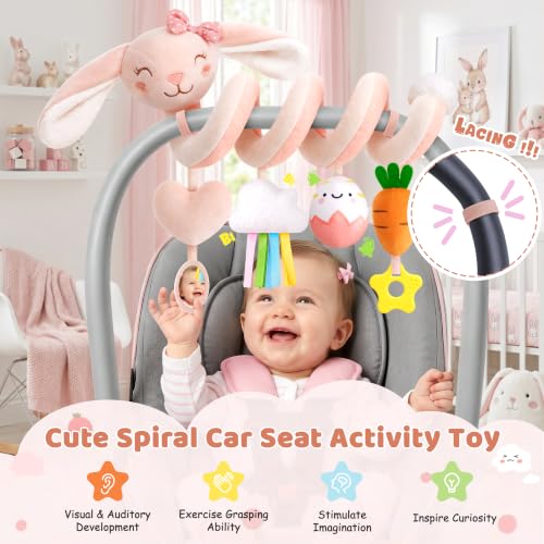 Image of Stuffed Pink Bunny Spiral Car Seat Toys for Baby Girls 0-6 Months, Infant Stroller Toy with Plush Carrot & Star Teether Hanging, Baby Registry Search & Shower Gifts for Newborn Girls