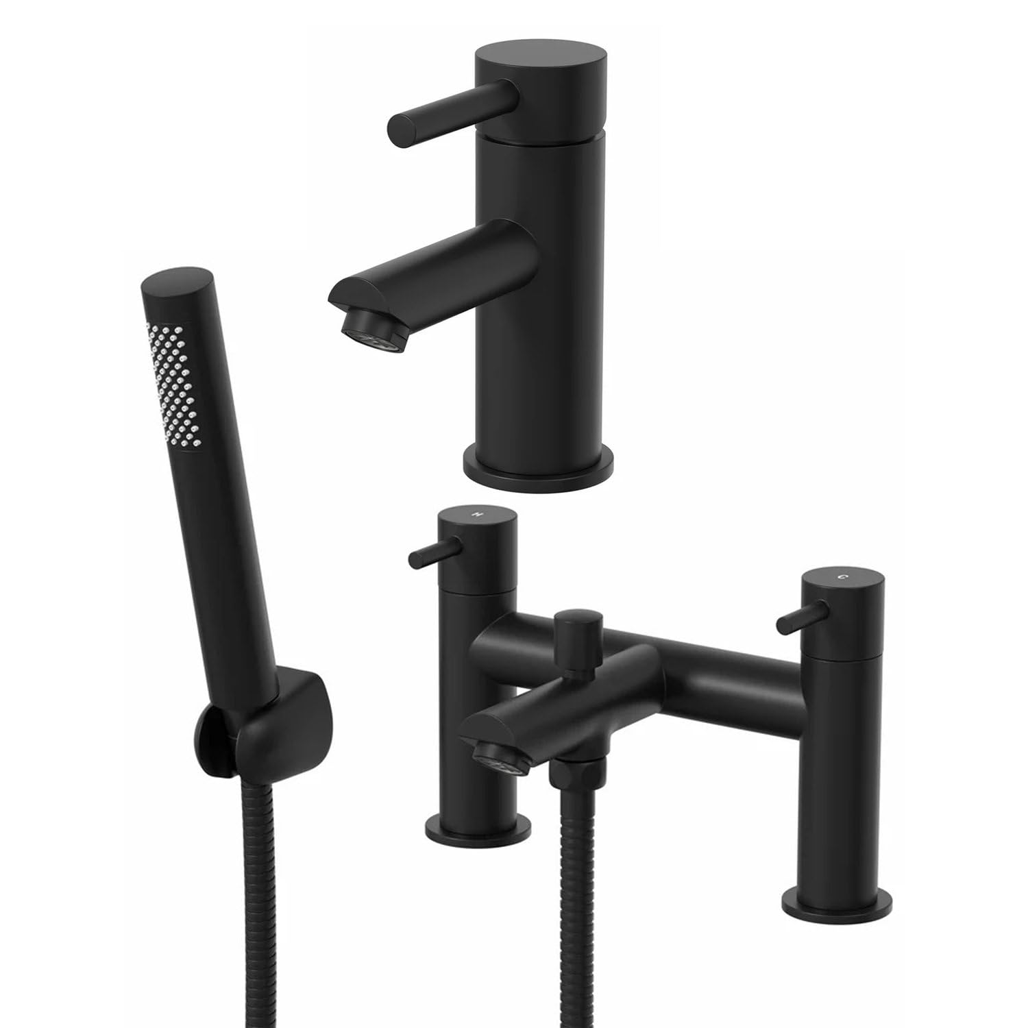 Architeckt® Malmo Bathroom Bath Shower Mixer Tap and Basin Tap Set Deck Mounted Round Twin Lever Handle Modern, Matt Black