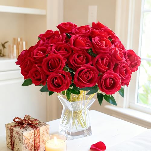 Image of HyeFlora 50 PCS Red Roses Artificial Flowers, Fake Roses with Stems Realistic Silk Roses for DIY Wedding Bouquets Tables Centerpieces Arrangements Party Baby Shower Birthday Home Decor Gift for Her