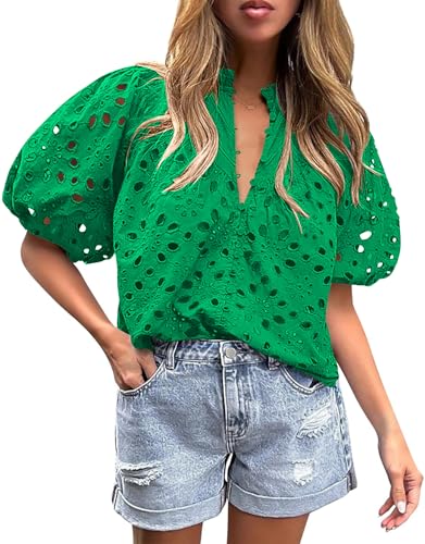BETTE BOUTIK Women's Long Short Sleeve Tops 2025 Dressy Casual Button Hollow Out Lace Embroidered Blouses Shirts