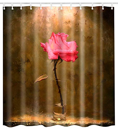 BROSHAN Vintage Shower Curtain Flower Art, Rustic Flower in Glass Brown Retro Print Fabric Bathroom Set, Polyester Fabric Waterproof Bath Shower Curtain Floral Decor Pink,72 inches