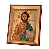 Junker Kirchenbedarf Ikone Jesus Christus Pantokrator auf Blattgold, Siebdruck auf Holz, 10,5x13cm