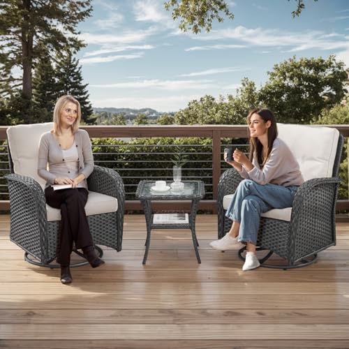 Outdoor-Swivel-Glider-Rocker-Chairs-3-Piece-Patio-Furniture-Set-Patio-Bistro-Sets-with-Tempered-Glass-Side-Table-for-Balcony-Porch-Black-Wicker-Cream-Cushion Outdoor Swivel Glider Rocker Chairs 3 Piece Patio Furniture Set Patio Bistro Sets with Tempered Glass Side Table for Balcony Porch Black Wicker Cream Cushion