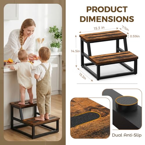 Image of Step Stool, NomNest 2 Step Wooden Ladder Metal Foot Stool Wide Kitchen Stool Helper for Toddler Adults Seniors, Ladder Chair for Home Bedside Bathroom Sink Potty