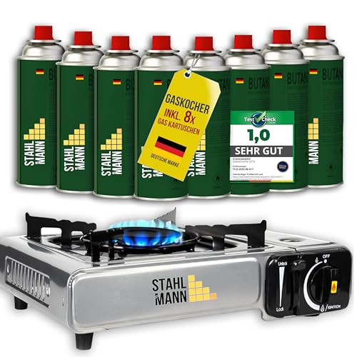 STAHLMANN® Gaskocher inkl. 8 Kartuschen - Campingkocher mit Piezozündung - Camping...