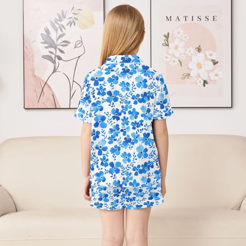 Blue Flower Leaves Pattern Summer Satin Pajama Set, Cute Button-Down Sleepwear Pj Set for Sleep Wears4