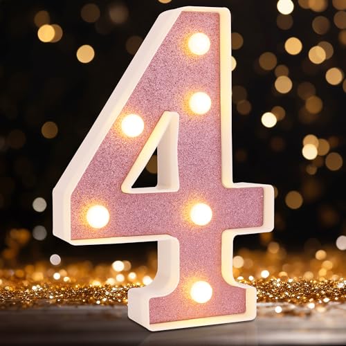 Image of LED Marquee Numbers, Small Light Up Numbers for Party, 8.58 Inch Battery Powered Lighted Number for Birthday, Night Light, Table or Home Decor (Pink Glitter, Number 4)