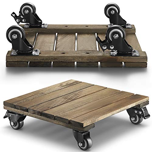 LITADA Acacia Wood Plant Caddy (Set of 2), 12 inches Square Plant Roller with Lockable Caster Wheels, Outdoor Caddy Indoor Plant Dolly (2 Pcs)…
