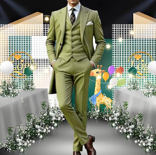 VENNYNG Men's Stripes Suit Peak Lapel 3 Pieces Long Jacket Pants Vest Set Male Formal Wedding Party Set3