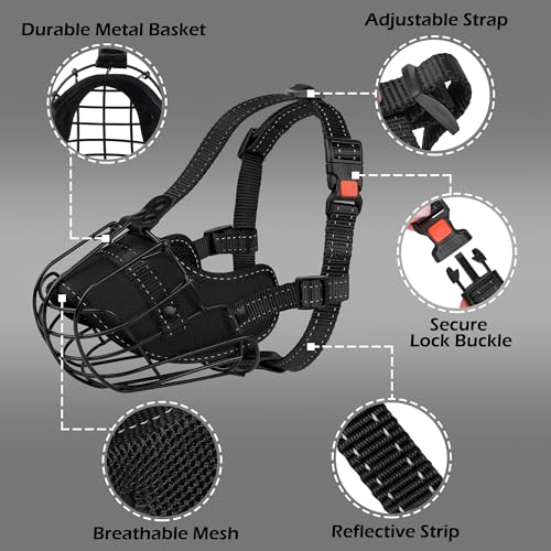 OOPSDOGGY Pitbull Dog Muzzle Reflective Metal Mask Secure Wire Basket Muzzles for Large Sized Dogs Amstaff Soft Cage to Prevent Biting Chewing with Adjustable Nylon Straps (Black, Pitbull)