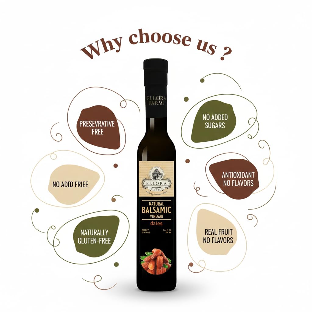 Ellora Farms, Balsamic Vinegar Dates Infused, Thick and creamy, Barrel aged, No-added sugar, Award Winning, Glass bottle, 8.45 oz., (Dates)