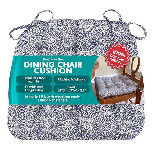 Barnett Home Decor Tibet Blue Dining Chair Pad with Ties - 15 x 17 Size Small Chair Cushion - Latex Foam Fill - Machine Washable, Reversible, 100% Cotton, Made in USA (Mandalas - Navy)
