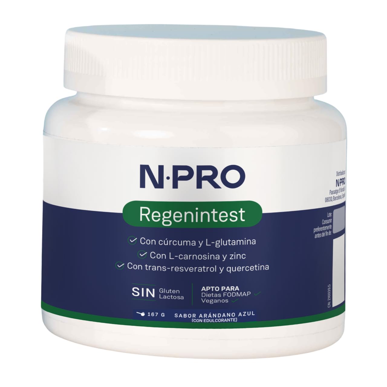 NPro SALUD INTESTINAL Regenintest 167g Polvo Sabor Arándano Azul – Suplemento con L-Glutamina Kyowa®, Carnosina, Cúrcuma, Trans-Resveratrol y Zinc – Protege y Regenera Mucosa Intestinal