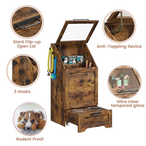 Dog Feeding Station with 2 Elevated Bowls, Pet Feeding Station,Flip Top Dog Food Storage Cabinet, Food Storage Container,Pet Toy Organizer,Modern Organizer,Brown