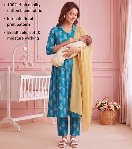 Image of DUMMY SHAPE Maternity Dresses for Women Cotton Rayon | Floral Kurta Pant Dupatta Set with Nursing Zippers to Pre & Post Partum | Feeding Kurtis | Mom to Be Gifts for Pregnant Woman