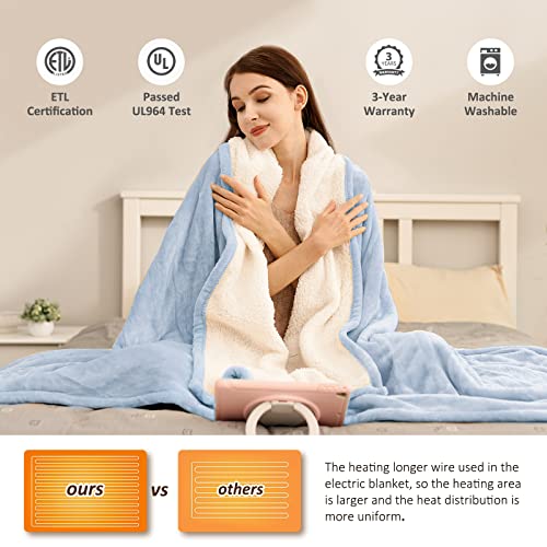 Yokimisu Electric Blanket Twin Size, Heated Blanket Flannel and Sherpa 62 x 84 Inches ETL Certification w/ 5 Heat Settings and 10 Hours Auto Shut Off, for Bed Home Office, Machine Washable, Light Blue