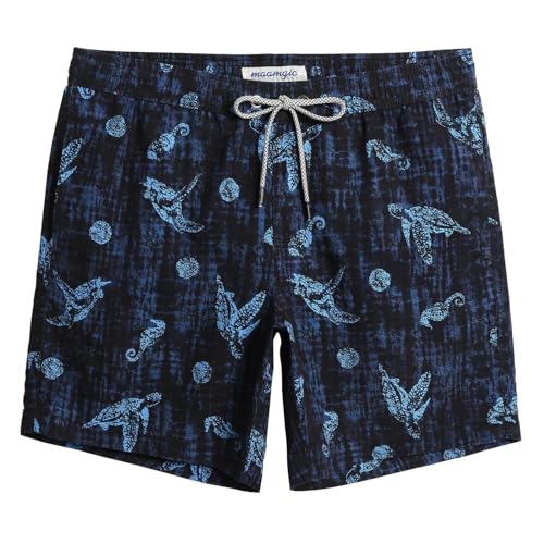 Image of MaaMgic Men's Swimming Trunks Men Swim Shorts Quick Dry Fit Performance Surfing Short with Pockets,New Navy Blue Whale Turtle Sea,S