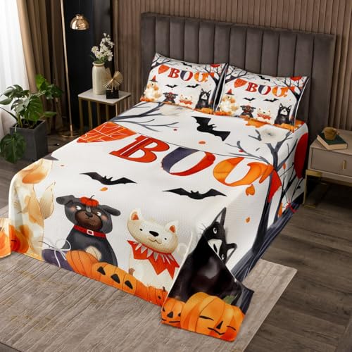 Cute Dog Lightweight Quilt Set for Kids Teens,Pumpkin Lantern Bedspread Coverlet,Halloween Bed Cover Cartoon Animals Bedding Set Decorative Quilted 2 Piece Coverlet Set with 1 Pillow Sham,Twin Size