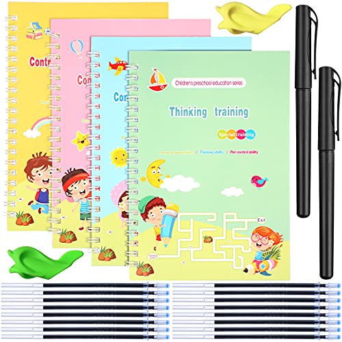 4 Pieces Learn to Write Line Tracing Practice Copybook with Pens for Age 3-8,Control Pen Training Workbook Connect Lines Thinking Training Cognitive Games for Kindergarten Toddlers and Preschool Kids