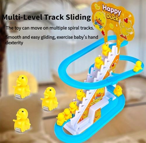 Small Ducks Climbing Toys, Electric Llittle Duck Climbing Stairs Toy, Funny Duck Roller Coaster Track Toy with 9 Duck LED Lights & Music Button, Small Duck Slide Toy for Toddlers Kids and Baby
