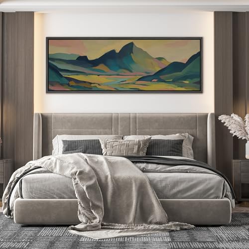 Image of MUDECOR Large Framed Canvas Print Wall Art Colorful Abstract Mountain Landscape Modern Antique Retro Ready to Hang Painting for Living Room Bedroom Multi-Sizes - 60 inchx20 inch