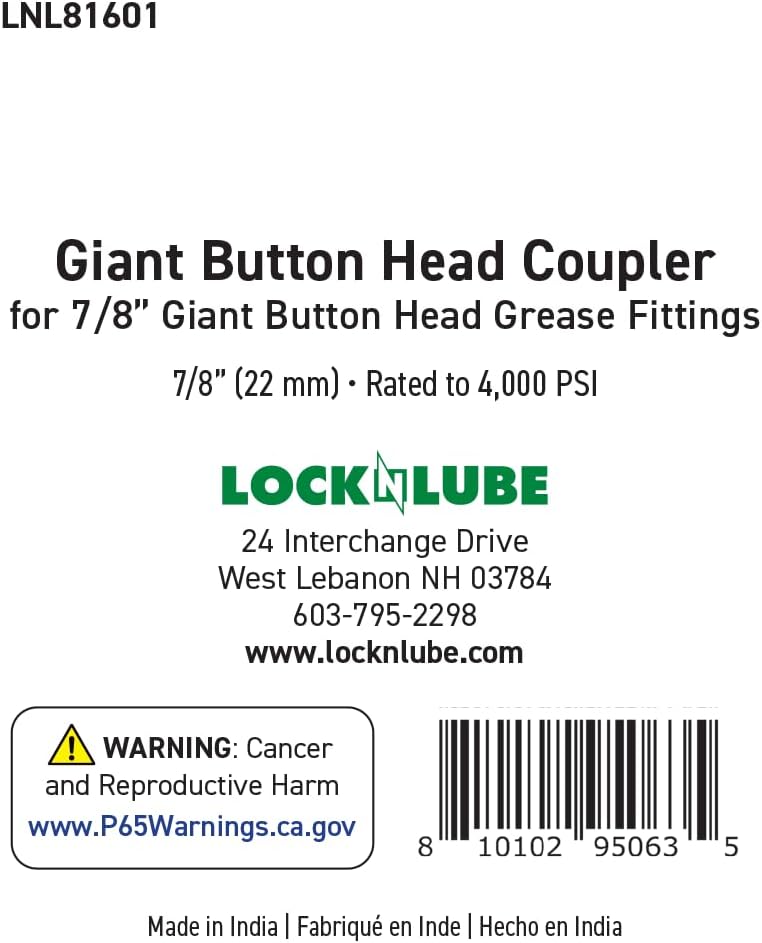 LockNLube Giant Button Head Coupler 7/8" For Use With 7/8 inch Button Head Grease Fittings.