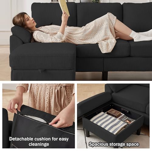 Image of 79.72 inch 3 Piece Corduroy Sofa Set with Storage Ottoman & Loveseat, L Shaped Sectional Couch with Side Pockets, Convertible Living Room Furniture Set for Small Space