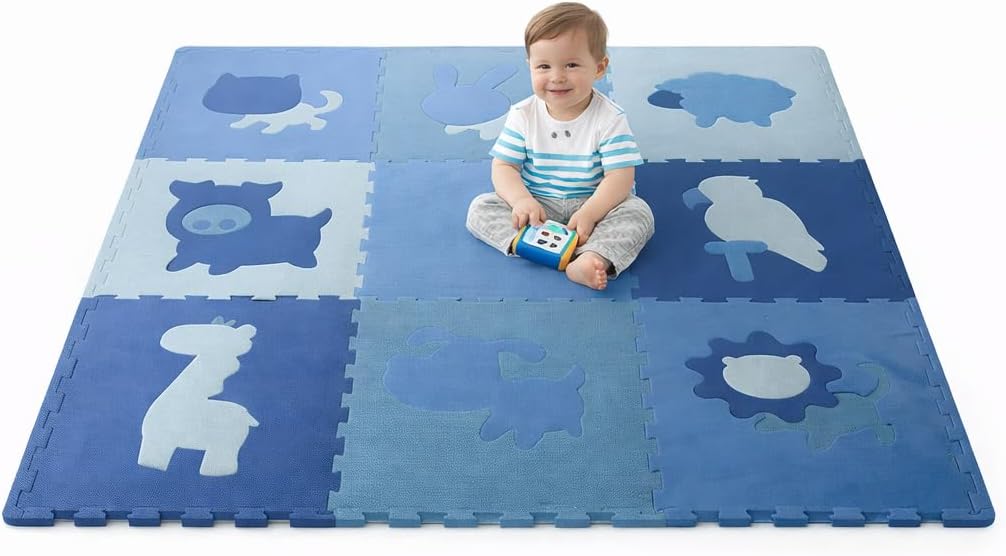 Children's EVA Foam Puzzle Mat, Blue, 185 x 185 cm, 9 Pieces, 1.2 cm Anti-Shock, Animal Theme, Educational