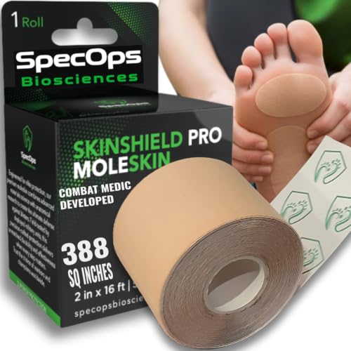 SpecOps Biosciences Thin Athletic Moleskin - Blister & Chafing Prevention | More Moleskin Per Quid Than Pre-Cut Pads | Veteran Combat Medic Engineered | 2 x 16 ft Roll for Running and Hiking