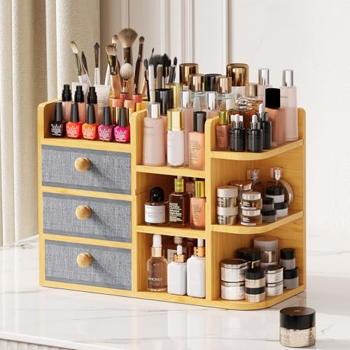 Large Makeup Organizer For Vanity, Large Capacity 3 Tiers Bamboo Bathroom Counter Organizers and Storage, Countertop Makeup Brush Holder, Nail Polish Perfume Stand with 3 Drawers and 10 Compartments