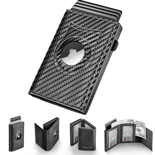 Image of Wallet for Men Minimalist Compact Pop Up Credit Card Holder, Front Pocket Smart RFID Blocking Mens Slim Wallet,Ultra Thin Trifold Mens Leather Wallets Metal (Black-Carbon Fiber 13 Card Capacity)