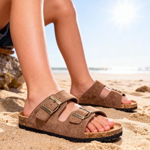 Image of ZUSERIS Kids Toddler Sandals Boys Girls Summer Slides | Soft Cork Footbed, Non-slip,Adjustable Straps,Comfort Suede Leather,Lightweight