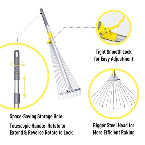 Jardineer 63 inch Adjustable Garden Rake Leaf, Collect Loose Debris Among Delicate Plants, Lawns and Yards, Expandable Head from 7 inch to 23 inch. Ideal Garden Rake Tools