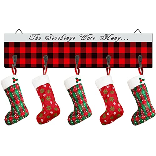 Buffalo Plaid Stocking Holder Stand The Stockings were Hung Stocking Holder Wooden Stocking Wall Holder Fireplace Mantel Christmas Stocking Rack Rustic Stocking Shelf Hanger Sign, 14 x 0.3 x 4 Inches