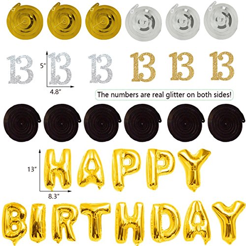 MAGJUCHE 13th Birthday Decorations Kit-Gold Silver Glitter Happy 13 years old Birthday Banner & Sparkling Celebration Hanging Swirls, Party Supplies