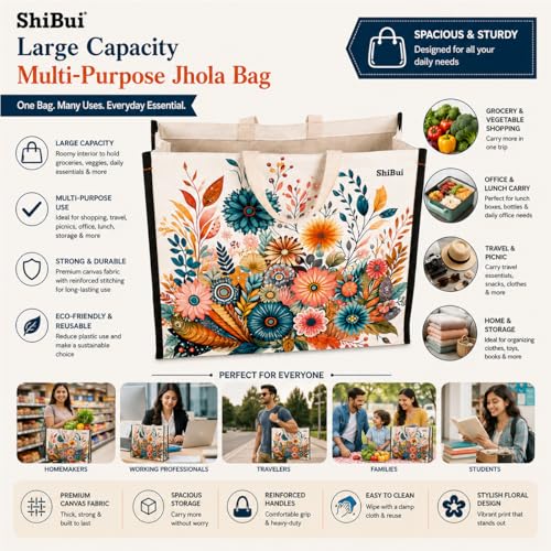Image of SHIBUI Big Heavy Duty Large Eco Waterproof Cotton Canvas Cloth Grocery Shopping Bag for Men Ladies Vegetable Milk Fruits with Hand Carry Handle Lunch Box Jhola Tote Bags (6, Flower Print 2)