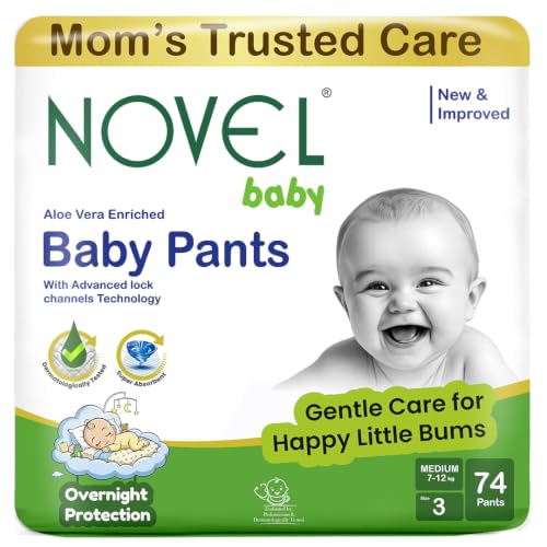 Image of Novel Baby Diaper Pants | M Size (Medium), with Aloe Vera Lotion for rash protection | Pack of 74 Count | Cotton-Soft & Breathable | 360 Comfort Fit, Rash-Free Overnight Diapers for Babies