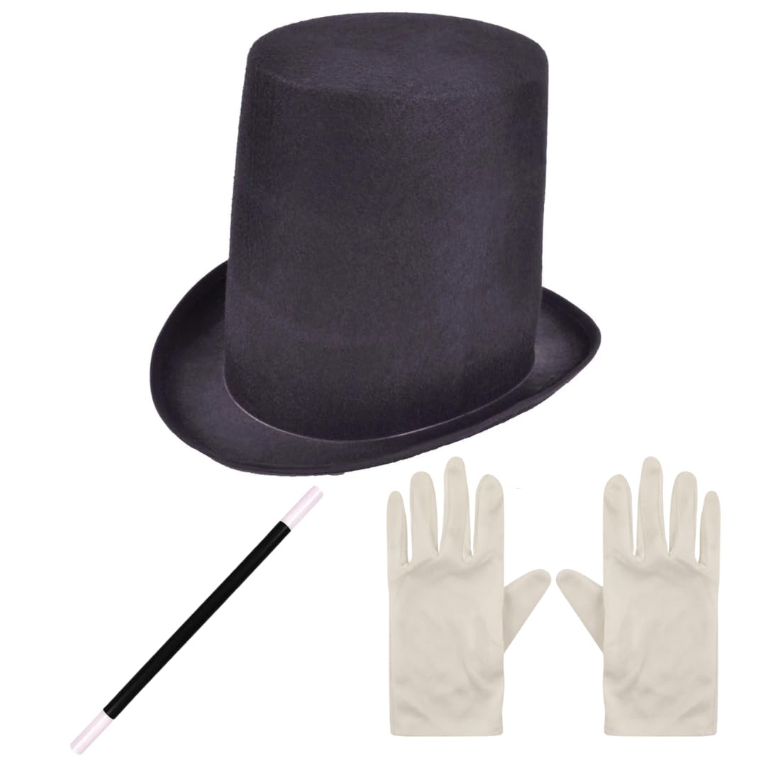 labreeze Black Satin Top Hat with Magic Wand (26.5cm) and White Gloves – Magician Costume Accessory Set