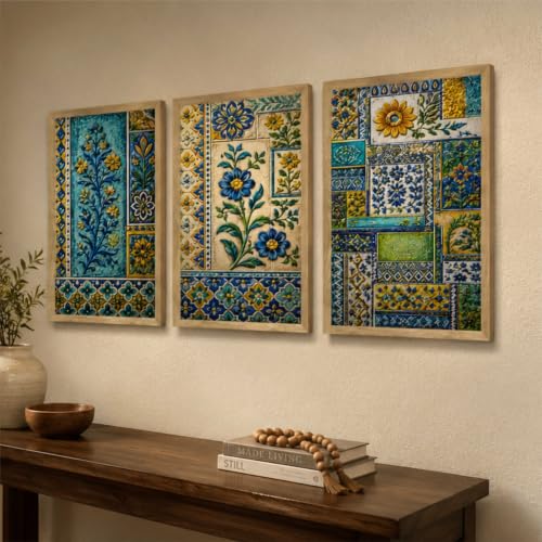 Image of Livin'luxe Set of 3 Blue Yellow Floral Tile Wall Paintings for Living Room Dining Bedroom Home Decor with Premium Wooden Color Synthetic Frame (13.5 x 19.5 Inch) NM03-70